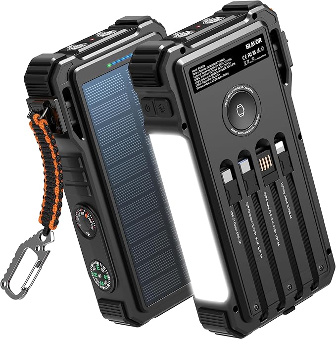 BLAVOR Solar Power Bank 20000mAh/74000mWh Built-in Cables, Wireless Charger for Apple Watch, 20W Fast Charging Battery Pack with USB C, Flashlight, Solar Charger for iPhone, iPad, iWatch, Samsung