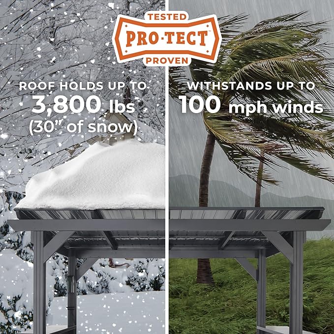 Backyard Discovery Rockport XL 12' x 6' Galvanized Steel BBQ Grill Gazebo Pavilion with Hardtop Steel Roof, Bar Tops, Powerport, Snow Support, Wind Resistance, Cook Station for Outdoor Patio or Deck