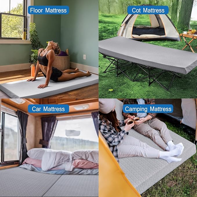 Memory Foam Camping Mattress Pad 3 Inch Thick, Portable Sleeping Pad with Waterproof Cover, Portable Roll Up Cot Mattress Pad Floor Mat for Travel Truck Bed Tent, 72"×24"×3", Light Gray