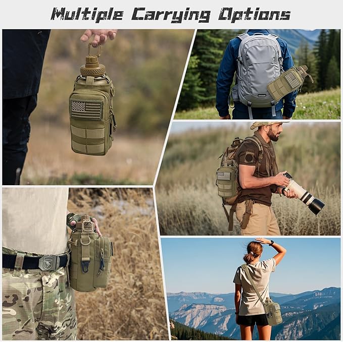 32 oz Insulated Water Bottle with Sleeve - Tactical Stainless Steel Metal Water Jug, Wide Mouth Gym Water Bottles for Men Sports Workout Hiking with Pouch Khaki