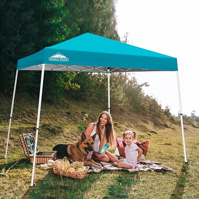 EAGLE PEAK 10x10 Slant Leg Pop-up Canopy Tent Easy One Person Setup Instant Outdoor Beach Canopy Folding Portable Sports Shelter 10x10 Base 8x8 Top (Turquoise)