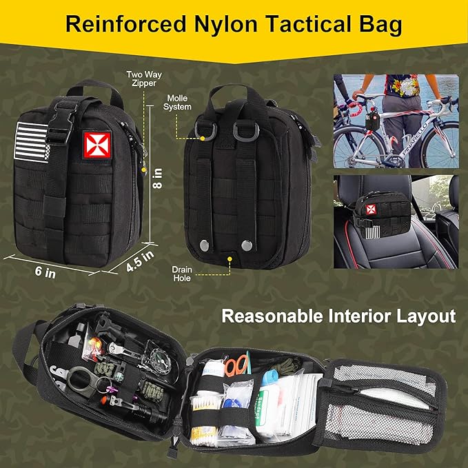 Survival First Aid Kit, 248PCS Survival Tools Camping Essentials Tactical Gear Emergency Trauma Medical Supplies Packed in a MOLLE Pouch, Saber Card,Cool for Men Camping Hiking Outdoor Activities