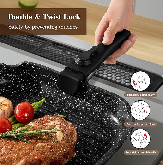 20 Pcs Pots and Pans Set Non Stick, Stackable Cookware Sets with Detachable Handle, Granite Induction RV Kitchen Portable Cooking Set Removable Handles, Dishwasher ＆ Oven Safe, Black