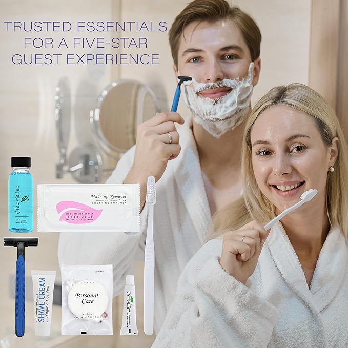 Personal Care Travel Toiletries | 1-Shoppe Amenities Kit | Travel Shaving Set, Toothbrush & Paste, Mouthwash, Makeup Wipes, Swabs, Nail File & Sewing Kit | 75 Pieces