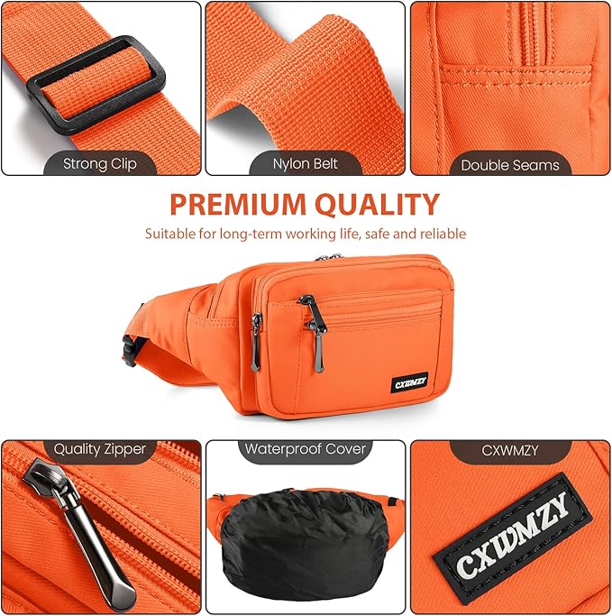 CXWMZY Fanny Packs For Women & Men Waist Pack Hip Bum Bag with Multi-Pockets Large Capacity Waterproof Casual Bum Bag for Disney Traveling Casual Cycling Running Hiking (Orange)