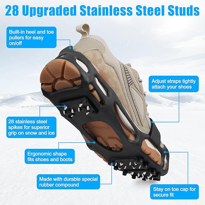 Ice Cleats Snow Traction Cleats Crampons for Shoes and Boots Men Women 28 Studs Anti Slip Shoe Grippers Overshoe Slip-on Stretch Footwear Spikes for Snow and Ice Fishing Winter Walking Hiking