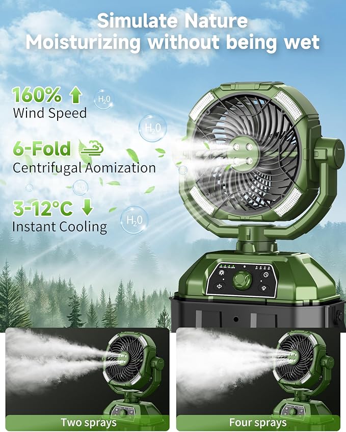 Misting fan with 7L bucket 90°Oscillating ,4 Spray Mister 25000mAh Rechargeable Camping fan with Remote Control Stepless Speed and Timer for Patios/Camping，Waterproof Design Outdoor Fans (Green)