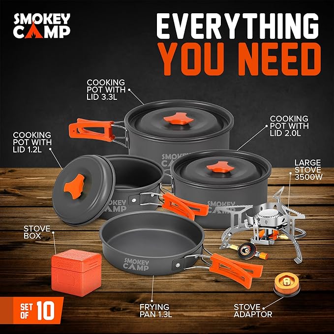 Camping Cookware Mess Kit Set with Stove - Backpacking Camping Pots and Pans Set, All in One Non-Stick Camping Cooking Set, Portable Stove, Hiking, Picnic, Outdoor & Camping Cookware Set