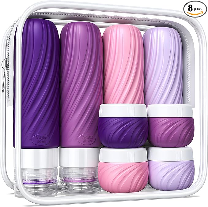 Travel Bottles for Toiletries 8 Pack: TSA Approved 3oz Leak Proof Containers - Silicone Squeezable Bottles for Shampoo Lotion - Travel Essentials for Women Men with Clear Bag (deep red)
