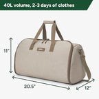 Halfday Convertible 2-in-1 Garment Duffel Weekender Bag 40L: Wrinkle-Free Travel (Hanging Suit Compartment, Shoe Pockets, Trolley Sleeve), Durable & Water-Resistant Carry-on, Stone