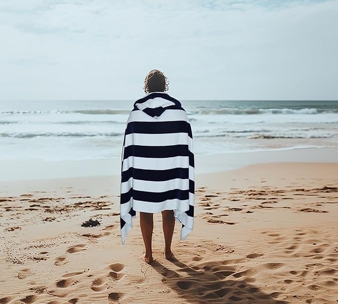 COTTON CRAFT Hooded Beach Towel – Oversized 35 x 70 Towel with Hood for Adults - 100% Cotton Velour Dobby Terry Towel - 450 GSM Pool Bath Wrap - Soft Absorbent Quick Dry – Cabana Stripe Navy