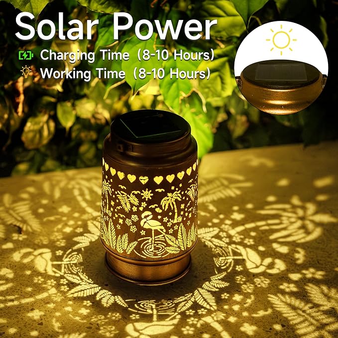 Lawn Social Solar Lanterns Outdoor Waterproof, Flamingos Metal Hanging Solar Lights for Outside, Garden Decor Birthday Gifts for Women Mom Grandma, Outdoor Lantern for Patio Yard Balcony Porch