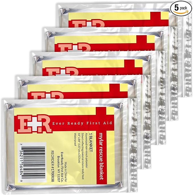 Ever Ready First Aid Mylar Rescue Blanket, Large Silver Thermal Sheet for Emergency and Survival, 54” x 84” – 5 Count
