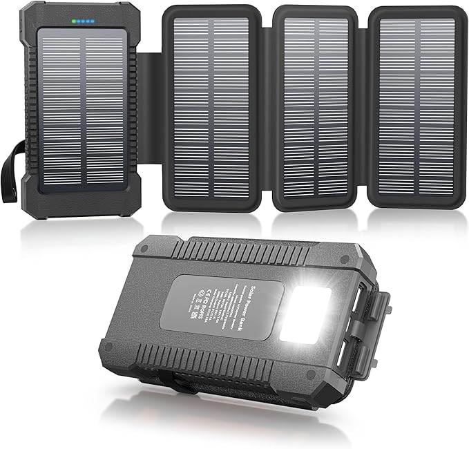 Solar Power Bank 38800mAh with 4 Solar Panels, Portable Charger USB C 18W Fast Charging for iPhone Samsung, IP67 Waterproof Outdoor External Battery Pack with Flashlight/SOS/Strobe (Black, 38800mAh)