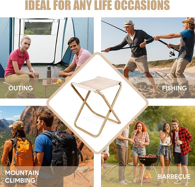 Camping Stool, Portable Folding Stool with Carry Bag, 12in Portable Folding Chair Collapsible Camp Stool Outdoor Footstool for Travel Walking Hiking Fishing Picnic Barbecue (Khaki)