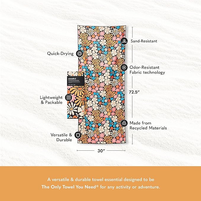 Nomadix Original Towel - Perfect for Beach, Pool, Travel, Camping, Yoga - Made with Recycled Materials - Super Absorbent - Sand Resistant - Hula Multi - 72.5x30