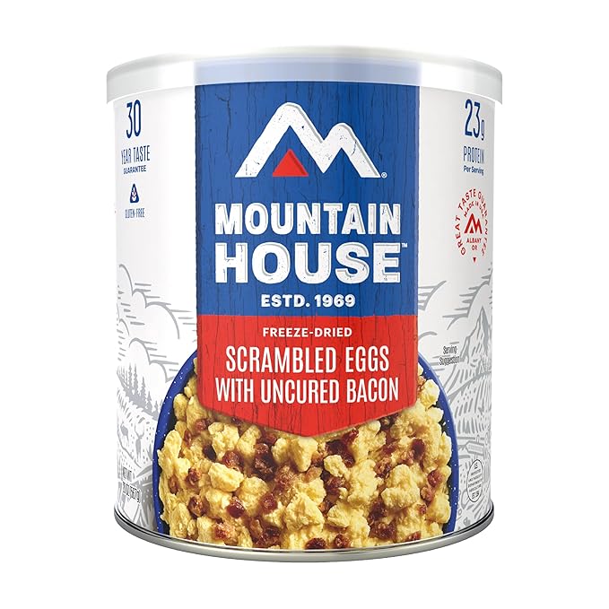 Mountain House GlutenFree Scrambled Eggs with Uncured Bacon FreezeDried Food for Camping, 9 Servings, 30Year ShelfLife