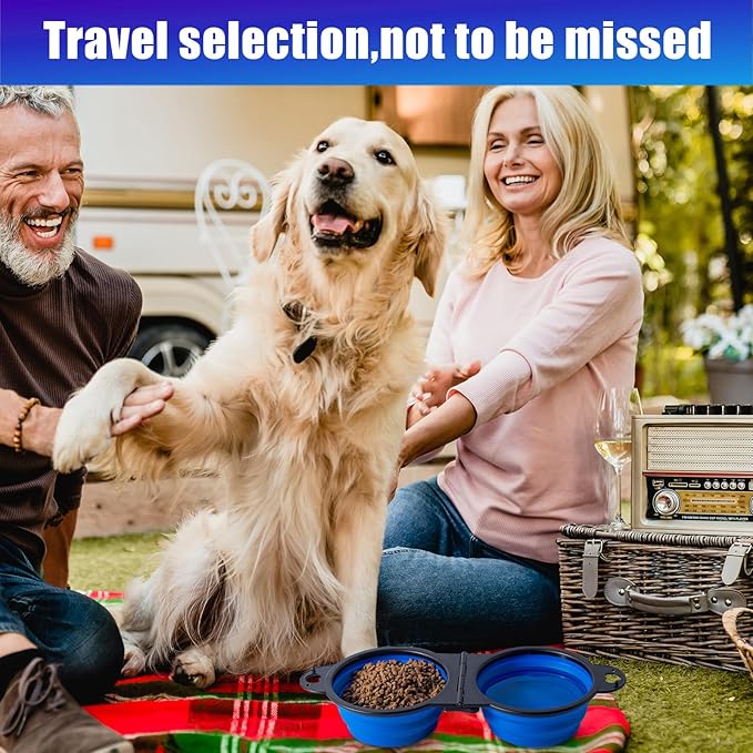 SLSON Collapsible Dog Dual Bowls Reinforced Rim 180 Degrees Flip Over Foldable Double Bowl with Lock Clips More Stable Dog Travel Bowls Pet Food Water Feeder (Blue)