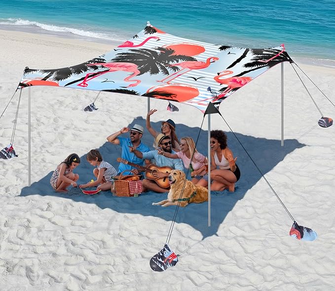Rhino Valley Beach Tent Shade Canopy UPF50+ Protection, 8 Sandbags, 4 Stability Poles, Outdoor Sun Shelter Umbrella for Sand, Camping, Fishing Essentials