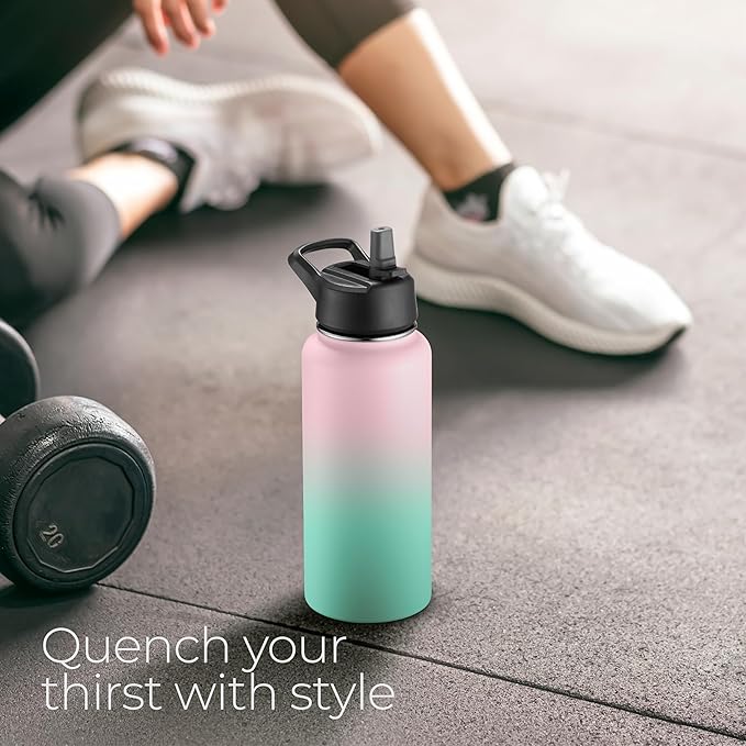 SipX™ Triple-Insulated Stainless Steel Water Bottle 32oz. With 3 Lids, BPA-Free Reusable Insulated Water Bottle Keeps Cold 24 Hours, (Gradiant Mint Pink)