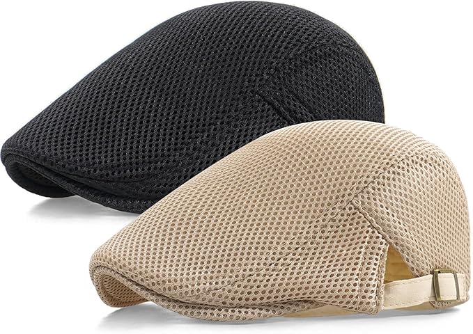 2 Pack Men's Mesh Cap Breathable Summer Newsboy Hat Adjustable Beret Ivy Cap Irish Cabbie Driving Hunting Hats