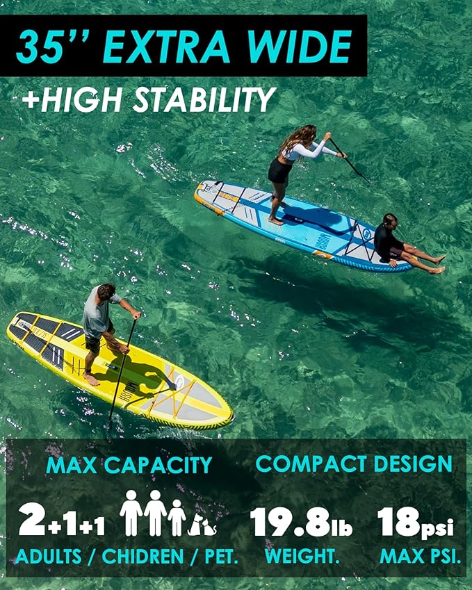 MOUSA 10‘8/11'×35" Extra Wide Inflatable Stand Up Paddle Board, Stable Paddleboard SUP for 2 People/Family, Anti-Slip Full EVA Deck, 3 Handles, 100L Backpack, All-Round Sup Board, Big Fin