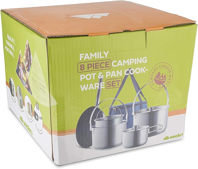 Camping Cookware Set 304 Stainless Steel 8-Piece Pots & Pans Open Fire Cooking Kit | Frying Pan Steamer with Travel Tote Bag | Compact For Outdoors & Indoors Kitchen Family Campfire Hiking RV