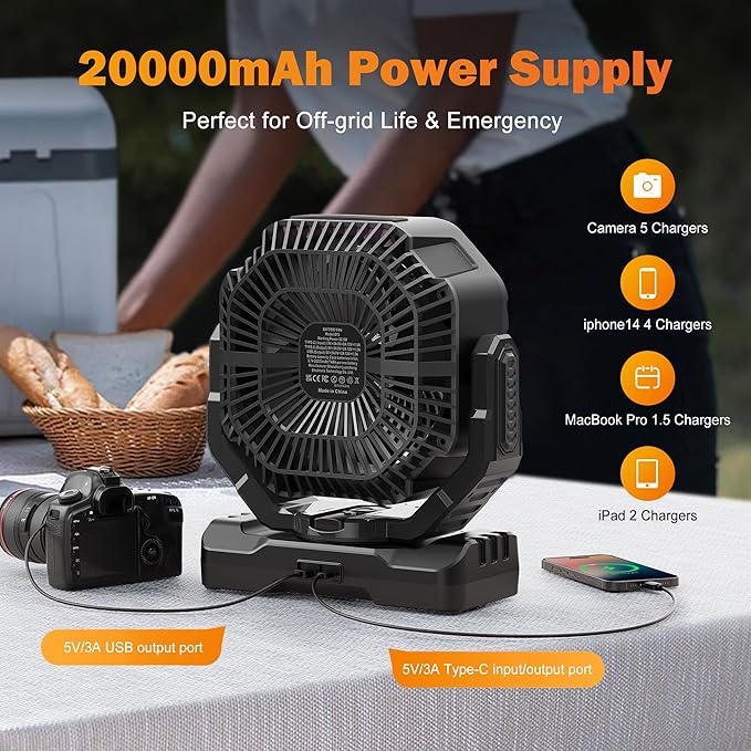 AMACOOL 20000mAh Rechargeable Camping Fan, Battery Operated Fan with Light, 68Hrs Work Time, 4 Speed, Auto Oscillating Outdoor Fans with Hook for Tent RV Car Travel Emergency Power Outages