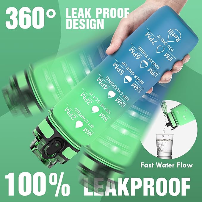 OLDLEY Water Bottle, 32oz Motivational Sports Water Bottle with Time Marker - Times to Drink - Tritan, BPA Free, Wide Mouth Leakproof, Greenish blue (1 Bottle)