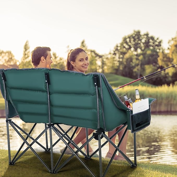 Nice C Double Padded Camping Chair, Oversized Loveseat Camping Chair, Outdoor Camping Couch for Adults, Lawn Chairs, Extra Padded, with Cup Holder, Cooler Bag, Bottle Opener (Green)