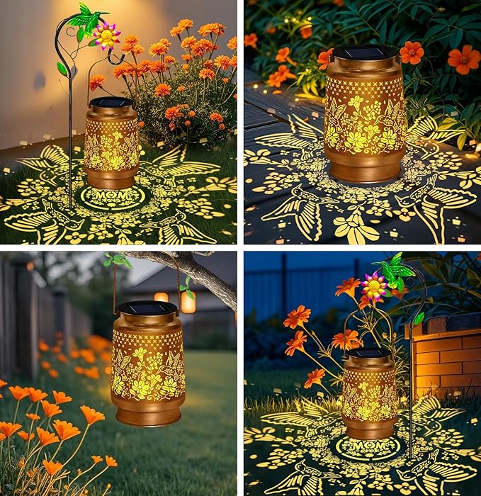 Hummingbird Solar Lanterns Outdoor Waterproof, Hanging Solar Lights Garden Lanterns with Shepherd Hook, Metal Garden Decor for Yard, Patio, Lawn, Landscape, Gifts for Women Mom Mothers Day Christmas