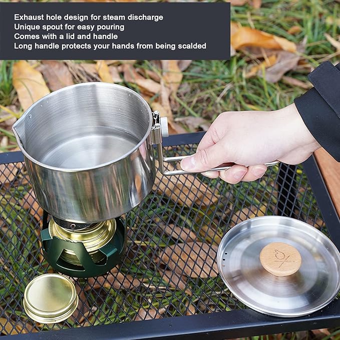 TOPINCN 1000ml Camping Pot, Stainless Steel Portable Outdoor Tea Coffee Pot Portable Cooking Pot with Detachable Handle for Outdoor Picnic Hiking