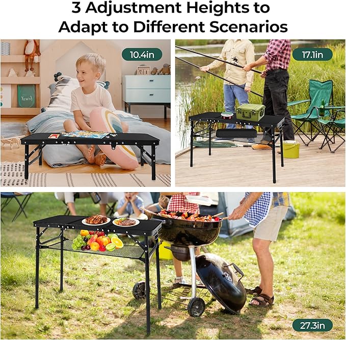 Folding Camping Table with Storage Net,3ft Portable Aluminum Picnic Table with 3 Adjustable Height Max 27.3 Inch for Outdoor Backyard BBQ Camp Cooking Tents Beach Indoor Bedroom（Black）
