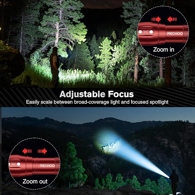 RECHOO LED Flashlight 2 Pack Red, Tactical Flashlights High Lumens with 3 Modes, Pocket Small Flash Light, Waterproof Zoomable Flashlights for Home Emergency, Camping Essentials (Battery Included)