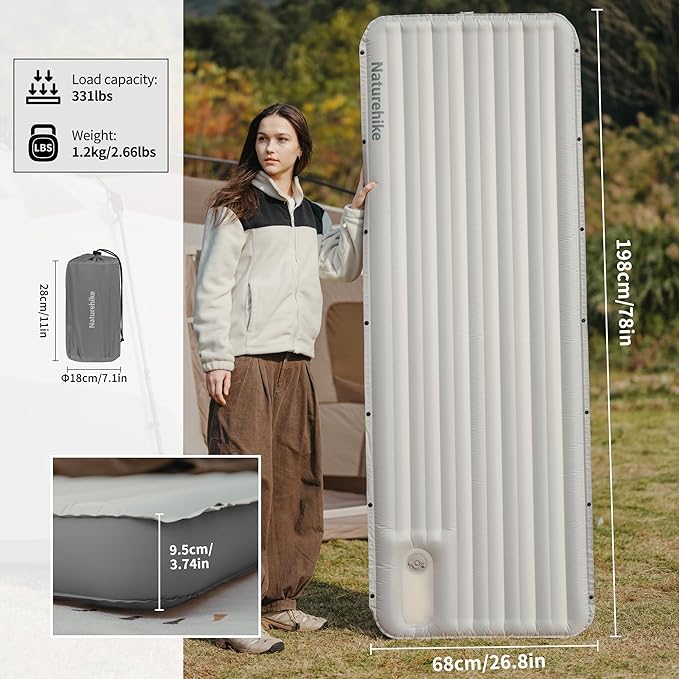 Naturehike Camping Sleeping Pad, Ultralight Inflatable Sleeping Mat with Pillow Built-in Foot Pump, 2.6 Inch Lightweight Air Mattress for Backpacking, Hiking, Traveling (Grey)