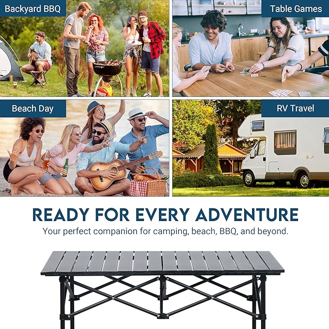 LOFTEY Folding Camping Table, Adjustable Height Aluminum Camp Table with Roll Up Top, Lightweight with Carry Bag, Portable for Camping, Backyard BBQ, Tailgating, 37.4" L x 21.7" W x 32" H, Black