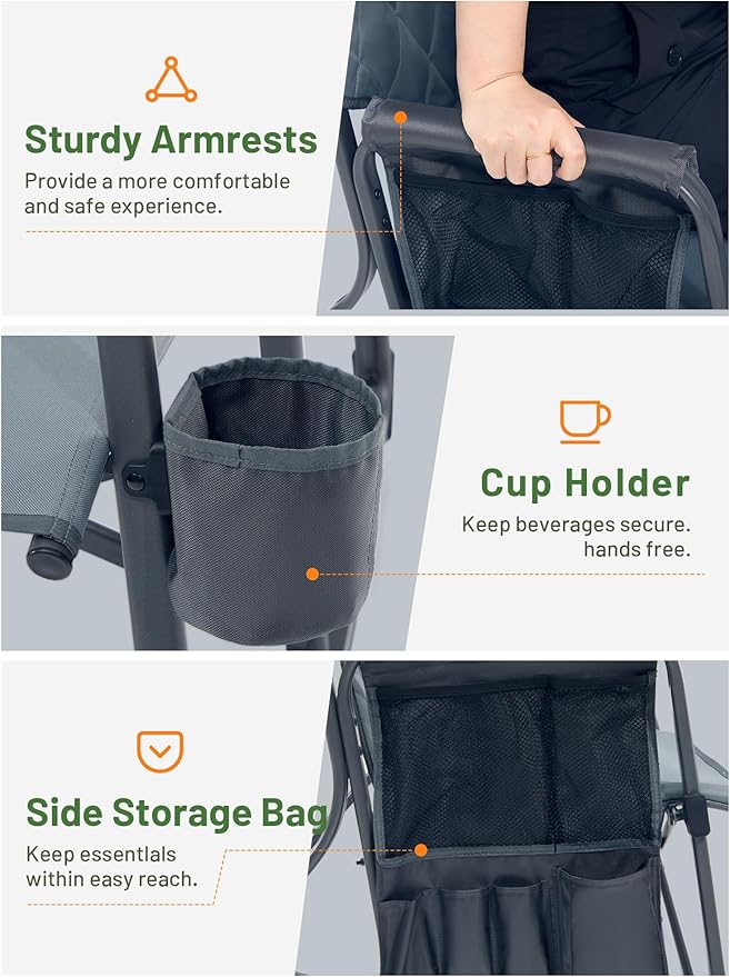 TIMBER RIDGE Folding Oversized Rocking Camping Chair, 400lbs Capacity Portable Outdoor Rocker with Hard Armrests, Cup Holder & Side Pocket, Quick-Fold Design for Outdoor, Patio, Lawn, Gray