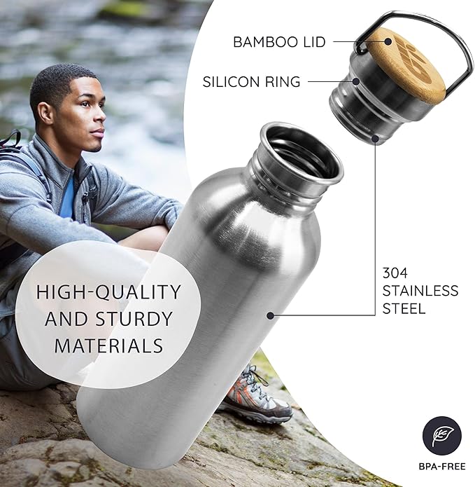 Bambaw Water Bottle 500 ml Eco Non-Insulated Stainless Steel Sports Bottle BPA-Free