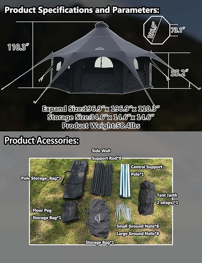 Cotton Canvas Tent Bell - Yurts Breathable and Windproof,Glamping for 6/8/10Person Family Camping