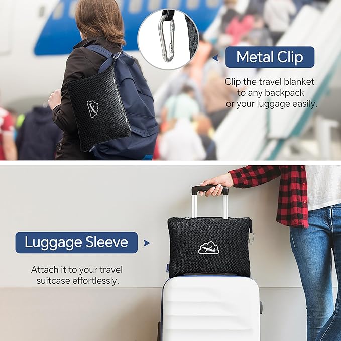 BEDELITE Travel Blanket with Bag, Ultra-Soft Jacquard Fleece Blanket with Luggage Sleeve & Backpack Clip, Airplane Blanket Travel Essentials, Black