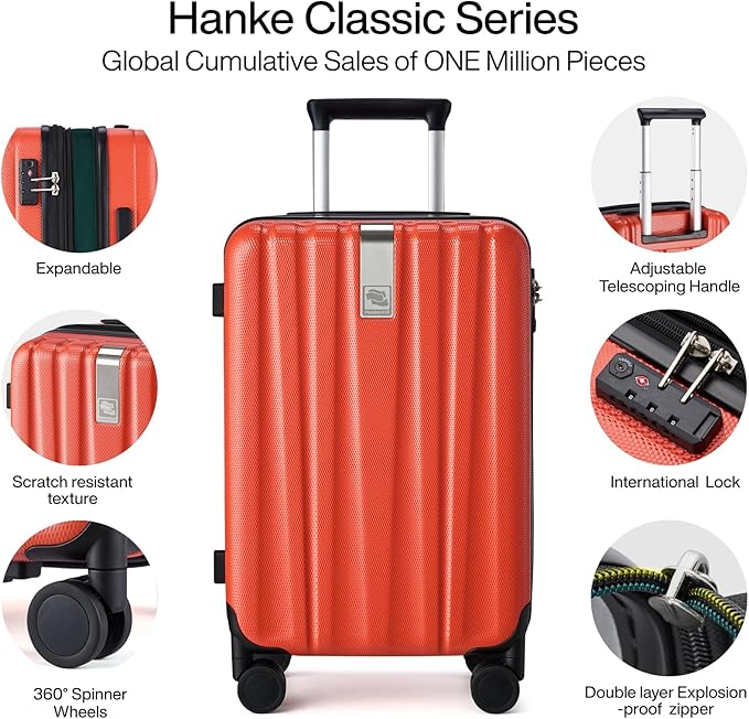 Hanke 24 Inch Expandable Checked Luggage Lightweight PC Hard Case Luggage Suitcases with Wheels TSA Luggage Rolling Large Suitcase Travel Luggage Bag for Go to University(Orange)