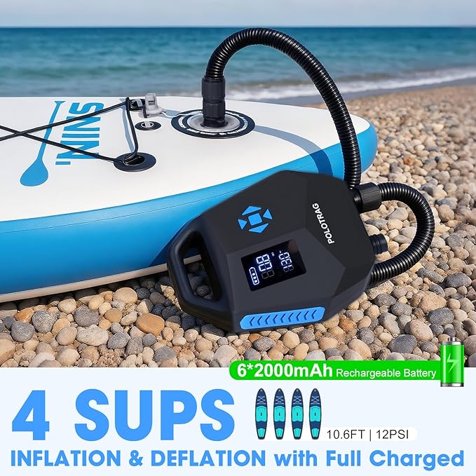 Paddle Board Pump, Rechargeable SUP Pump Electric, 20PSI Portable Paddleboard Pump with Inflation & Deflation, Auto-Off for Inflatables, Kayak, Towable Tube and Air Mattress