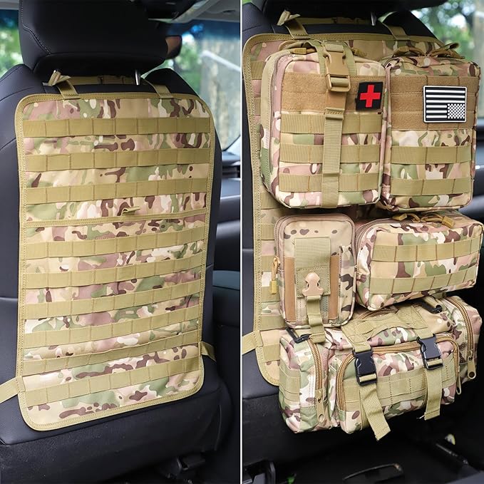 Universal Tactical Car Seat Back Organizer Bag Tactical Molle Vehicle Organizers Panel Vehicle Protector Organizers with 5 Detachable Pouches for Car Truck Ford Jeep (CP camo)