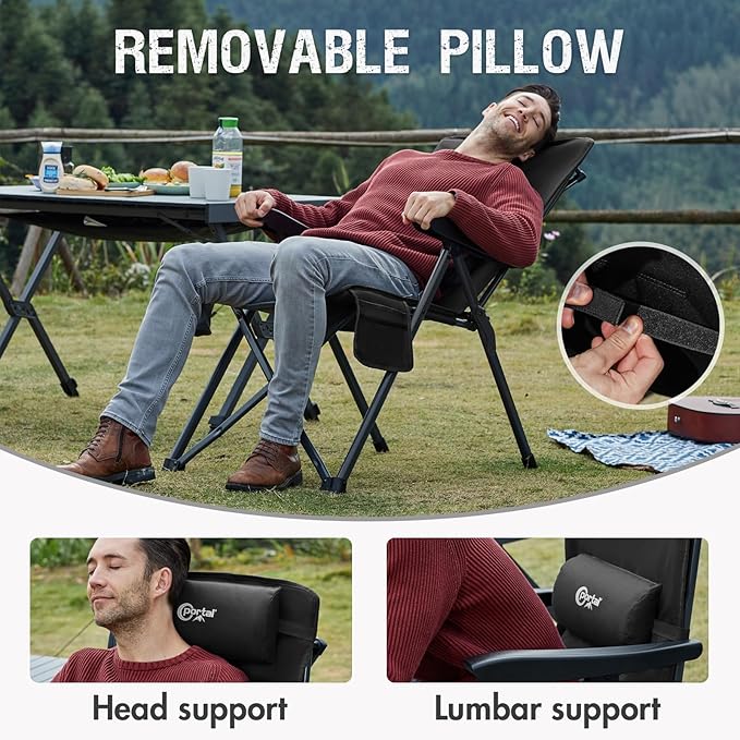 Portal Reclining Camping Chair with Adjustable Back Folding Camp Recliner for Adults Portable High Back Oversized, 400LBS (Black)