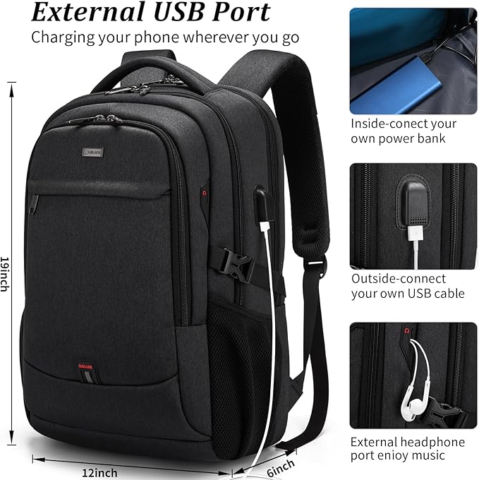 DUSLANG 17 Inch Laptop Backpack for Travel Water Resistant College Backpack for Men/Women Laptop Bag with USB Charging Port and TSA lock, Dark Black