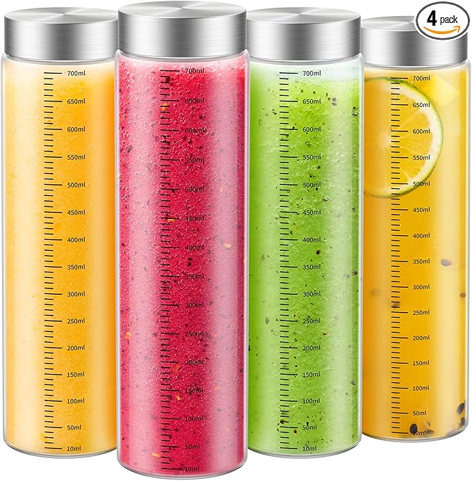 25 Oz Glass Juice Bottles, 4 Pack Glass Bottles with Lids, BPA Free, Borosilicate Glass, Leak Proof Lids for Juicing, Smoothies, Infused Water, Beverage Storage, Shaker Bottles