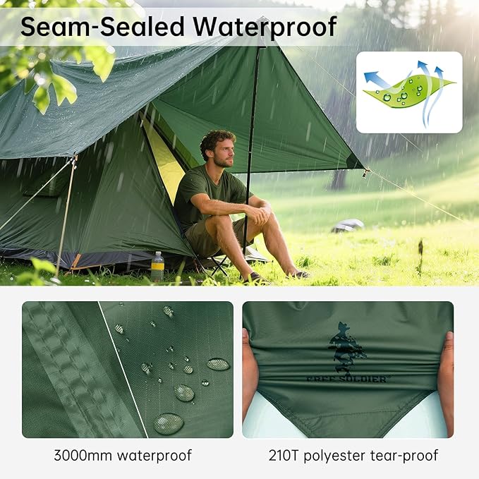 FREE SOLDIER Camping Tarp Waterproof Portable Multifunctional Outdoor Traveling Awning Backpacking Shelter Rain Tarp (Lake Green 10×10.5ft)