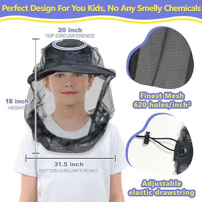 tupi Premium Mosquito Head Net for Kids, Bug Face Netting for Hats, Fly & Bug Protection | Ultra Large & Long, Extra Fine Holes for Camping, Hiking, Fishing, Fits All Hats for Children, 2 Pack