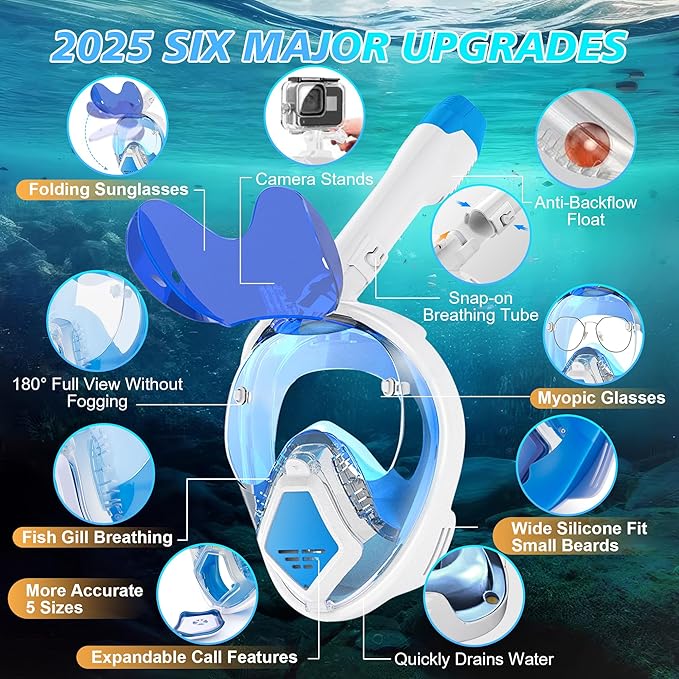 Devilfish Full Face Snorkel Mask Adults, Dry Top System Snorkeling Set with Foldable Sunglasses, 180 Degree Panoramic View Snorkel Gear, Scuba Diving Masks Anti-Leak & Anti-Fog