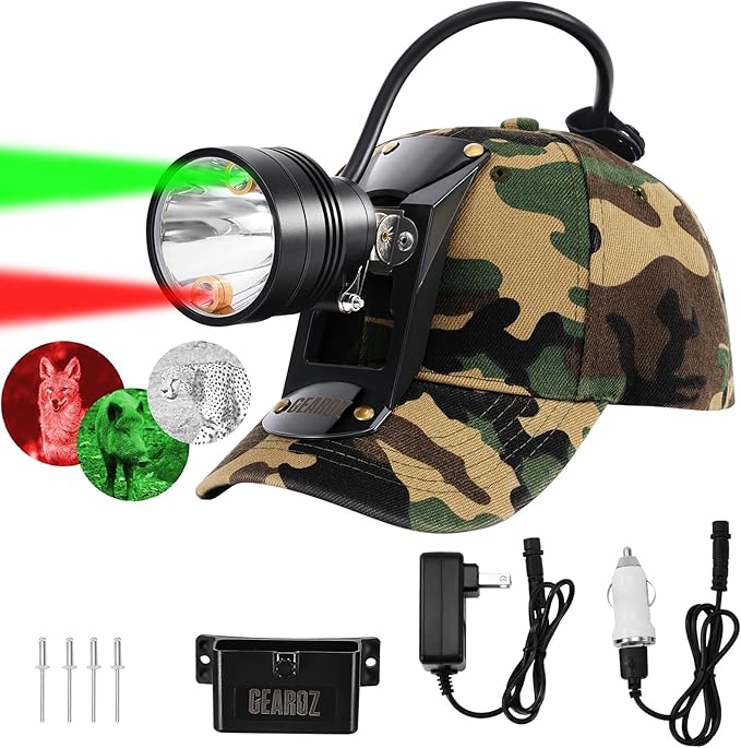 10W LED Coyote Hog Coon Hunting Lights, Rechargeable Hunter Headlamp, Waterproof 60000LUX Super Bright LED Predator Hunter Head Light & 3 Colors (White Red Green), 7 Position Switch